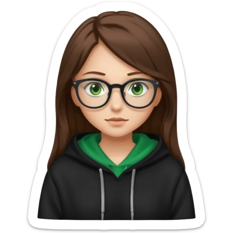 Girl with long brown hair, green eyes, glasses and a black hoodie on sticker