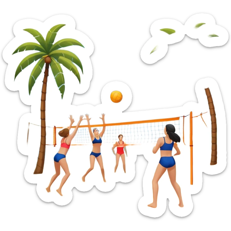 A volleyball resting on the orange sand of a beach, with a volleyball net in the background. The scene includes a beautiful beach landscape with blue sea, sky, and palm trees, while a couple of women in swimsuits play in the distance, capturing the relaxed yet competitive vibe of beach volleyball. sticker