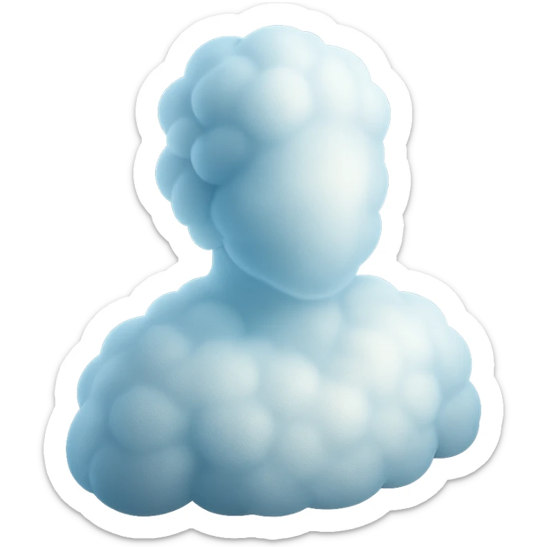 person made entirely of white fluffy convex clouds, shoulders up, front view, matte glass style sticker