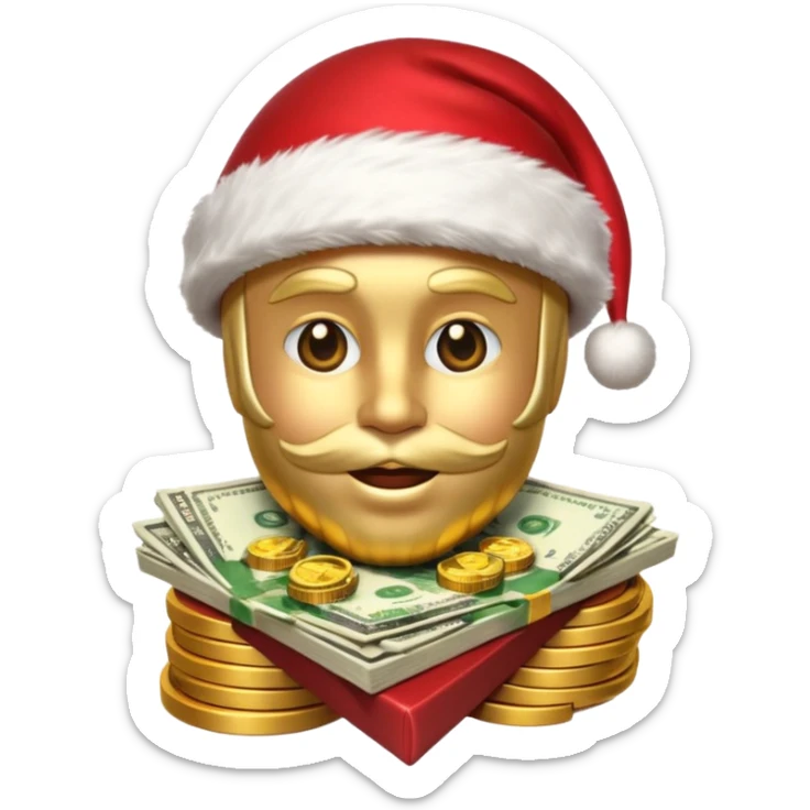 A confident rich emoji face wearing a Santa hat, money stacks, casino vibe, New Year theme, premium 3D emoji style, sharp details, no t sticker