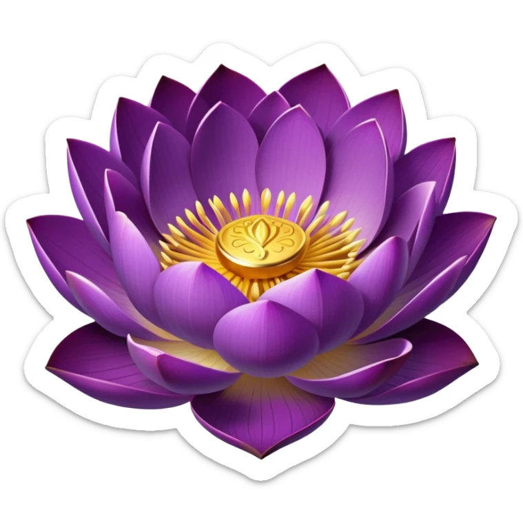 Elegant purple lotus flower with rich violet petals and golden center, accompanied by botanically accurate lotus leaf with distinctive notch and upturned edges sticker