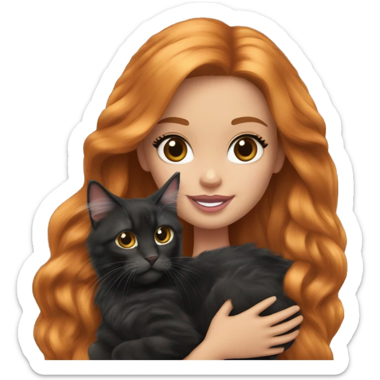 Barbie girl with long ginger hair Holds in her arms Black Maine coon sticker