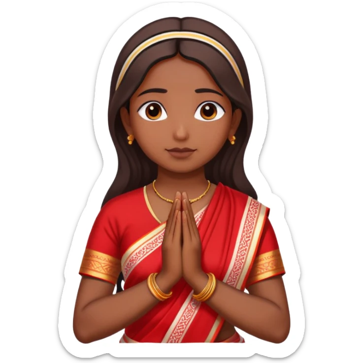 Bengali girl wearing traditional red and white saree with hands joined in prayer position sticker