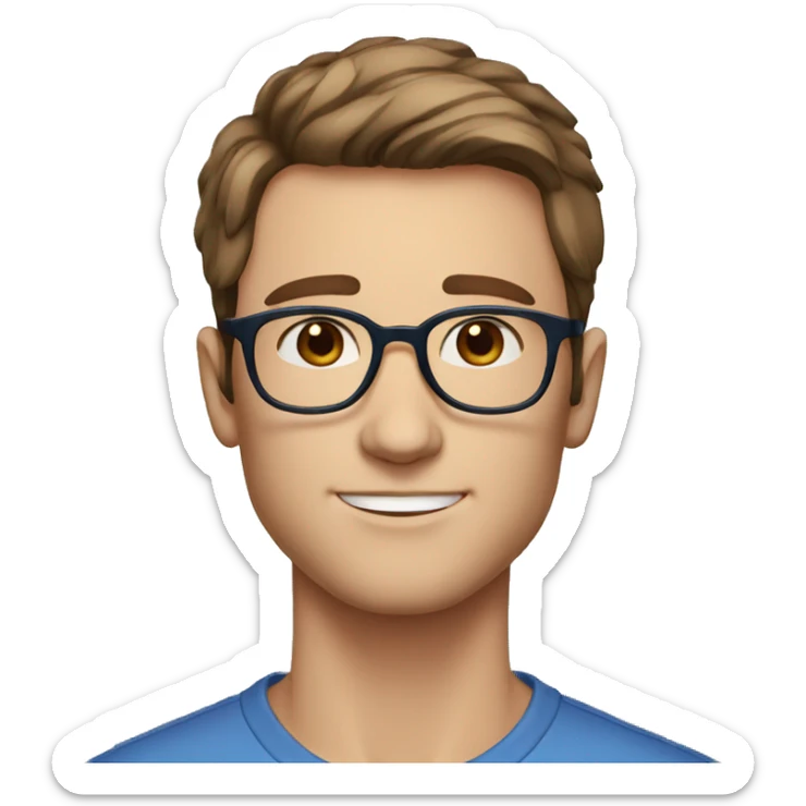 Male, short brown hair, glasses, sharp jawline, blue eyes, freckles sticker