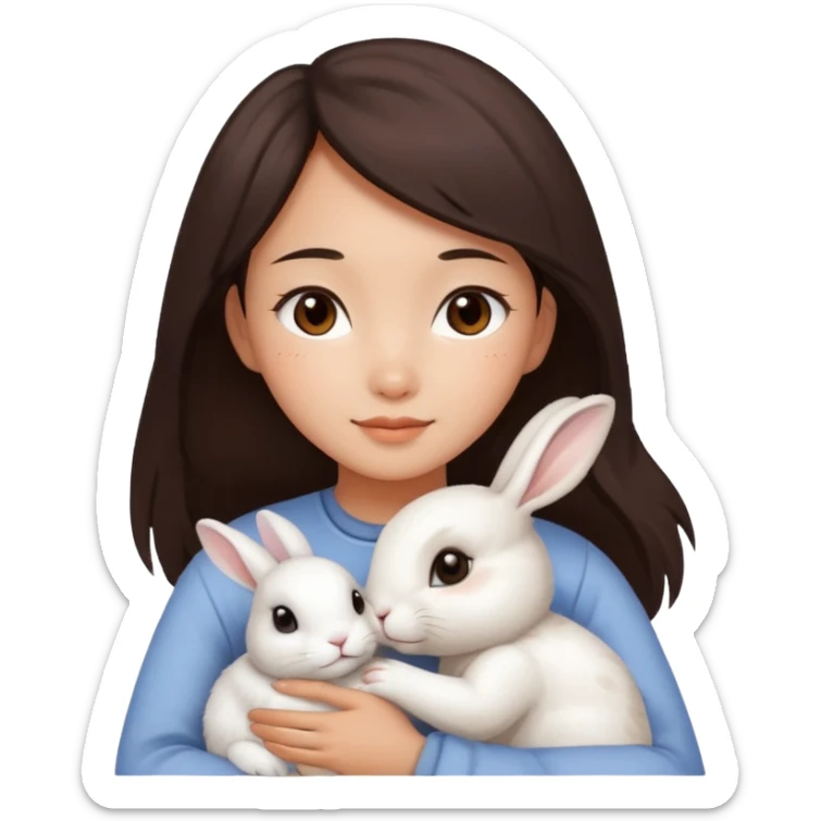 A young Asian woman with dark brown, almost Asian girl with dark brown hair, brown eyes, light Asian skin, hugging a white rabbit with light brown spots, soft and warm atmosphere.
  sticker