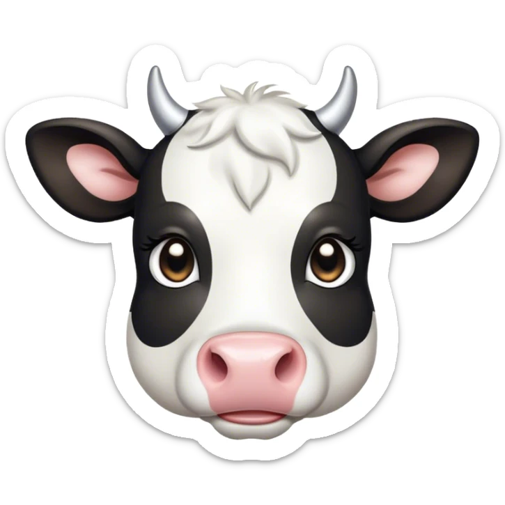 Cinematic Cute Black and White Cow Portrait Emoji, Head tilted playfully and inquisitively, featuring a glossy, contrasting coat of black and white, round, sparkling brown eyes filled with gentle curiosity, Simplified yet irresistibly adorable features, highly detailed, glowing with a warm, friendly glow, high shine, affectionate and serene, stylized with a touch of contemporary charm, bright and endearing, soft glowing outline, capturing the essence of a mischievous yet loving cow, so playful it feels like it could moo out of the screen and into your arms! sticker