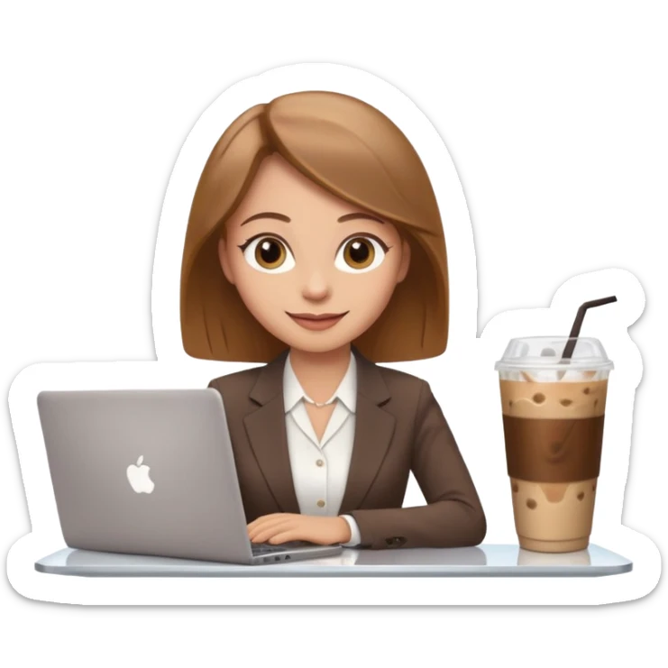 Women in front of laptop with a happy face, light brown hair, light brown big eyes, light skin with a iced coffee on the side, business attire sticker