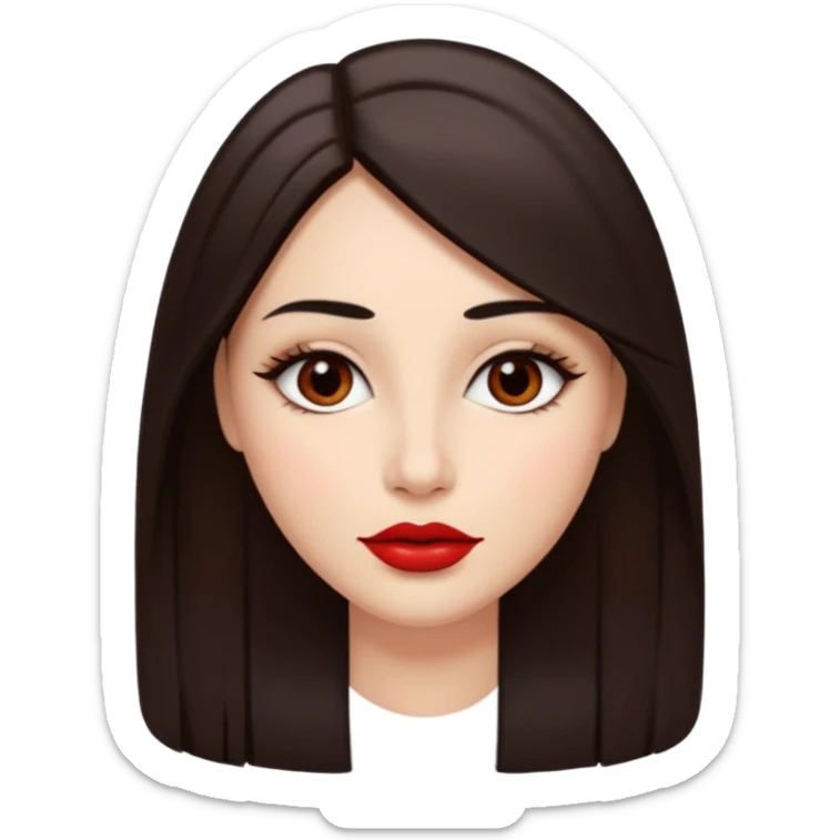 A woman emoji with fair skin, long straight dark brown hair parted in the middle, an oval-shaped face, arched dark eyebrows, almond-shaped brown eyes, a small nose, and full lips colored with red lipstick. sticker
