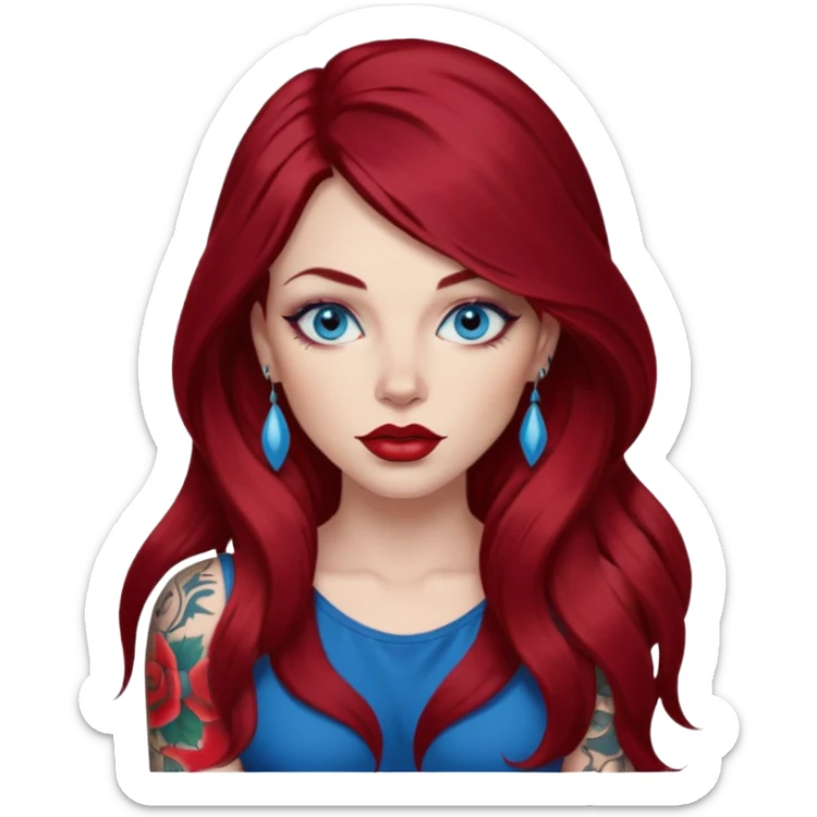 Female long burgundy hair, blue eyes, large red lips, tattoos, artist sticker