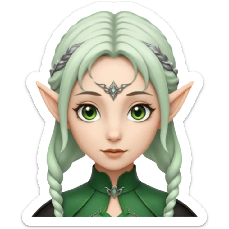 Haz un emoji de una chica con piel blanca ojos marrones y verdes nariz puntiaguda orejas de fae labios finos pelo plateado con un recogido y ropa de cuero negra sticker