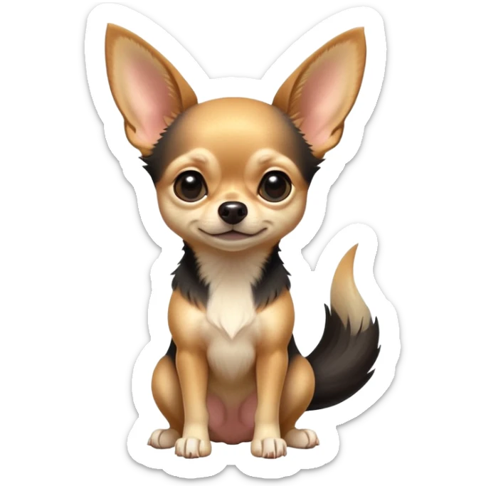 cinematic-[chihuahua dog]-realistic-full-body-sitting-emoji,-tail-resting-loosely-beside-its-paws,-head-tilted-dramatically,-sleek-[black and tan]-fur,-simplified-yet-realistic-focused-features,-highly-detailed,-glowing-with-an-almost-sarcastic-glow sticker