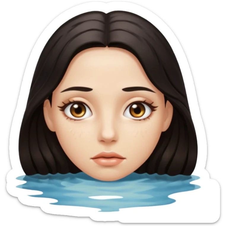 Woman submerged in black water, wet skin and eyes above surface, silent invitation sticker