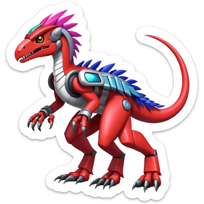 Furry feather-mane Cool Edgy Futuristic shiny colorful Digimon-Fakemon-Guilmon-Velociraptor-Mecha full body   sticker