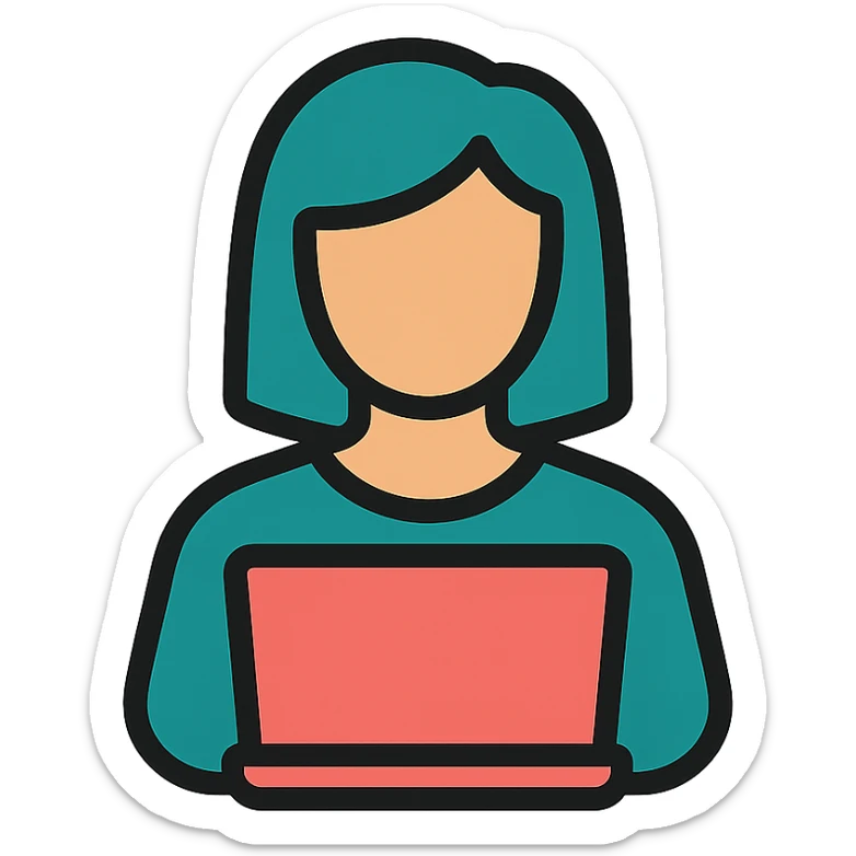 Icon style illustration of a teal woman at a laptop, minimal design, with slightly rounder laptop corners, matching the reference image. sticker