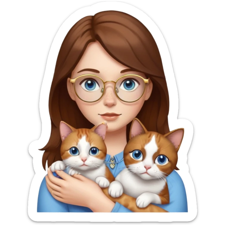 White girl with blue eyes, brown hair, freckles, and gold glasses, holding a small calico cat sticker