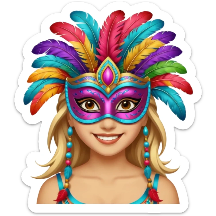 A girl wearing a decorated festival mask with bright feathers, smiling softly beneath it. sticker