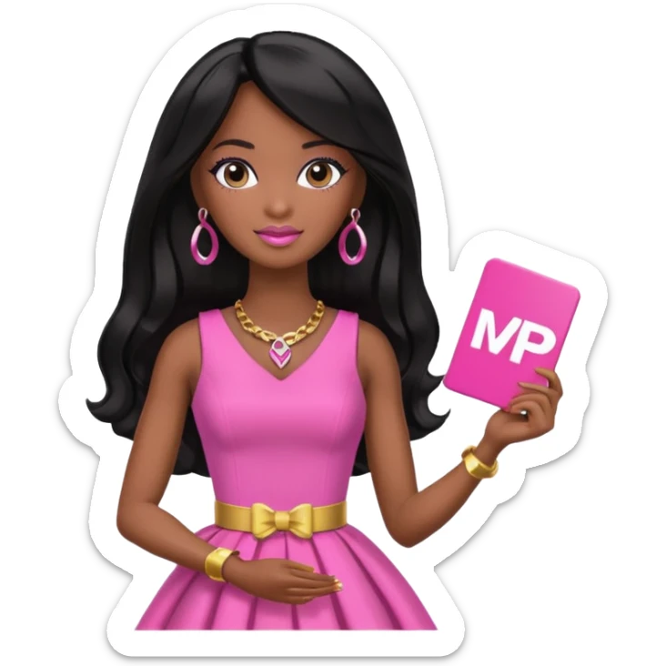 Black barbie, long black  hair, pink dress holding mvp sign  sticker
