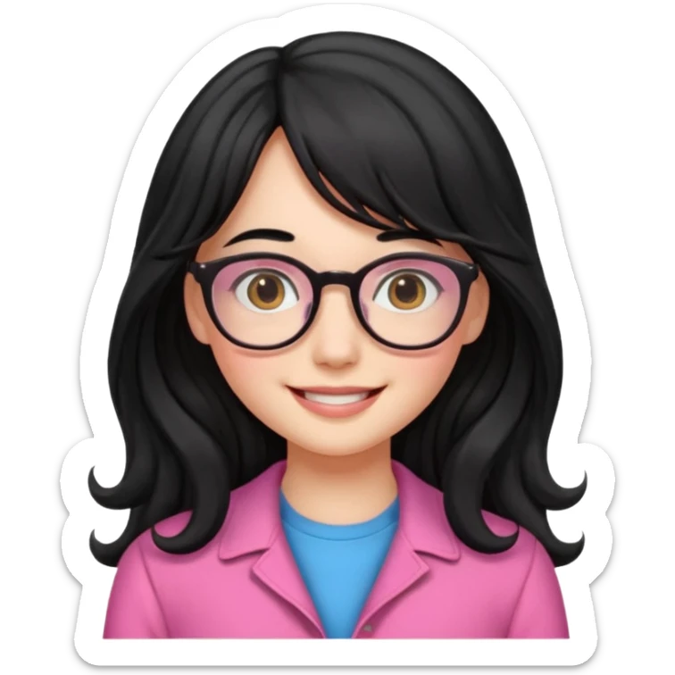 Please generate a portrait of a pretty girl with long, wavy, black hair. She's smiling. She also wears a middle parting and bangs. with glasses pink clothing sticker