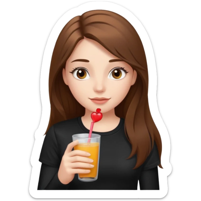 girl with long brown hair, rosey cheeks, long eyelashes dressed with a black thight tshirt and a drink in her hand sticker