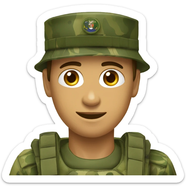 crie um emoji de um militar do exercito brasileiro com o camuflado típico sticker