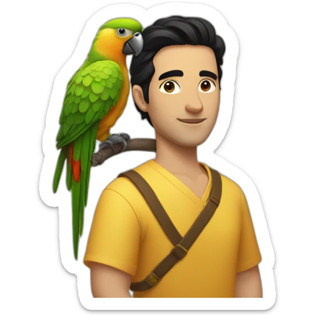 A man with black hair, wearing a honey-colored dress, with a parrot on his shoulder  sticker