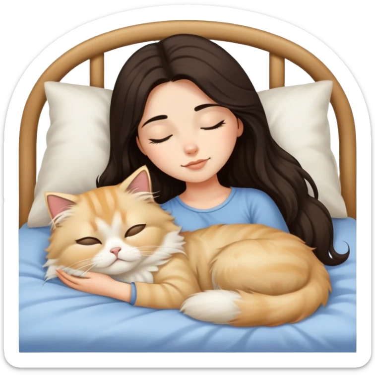 pretty girl with dark long hair sleeping with blonde fluffy  persian cat in bed sticker