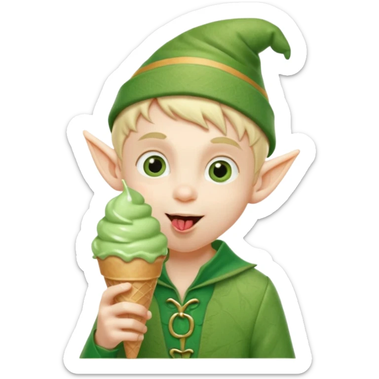 
A young elf boy in leafy clothes licking a triple-scoop ice cream with wide eyes.


A tall elegant elf with long braids enjoying a mint swirl cone under soft light.




 sticker