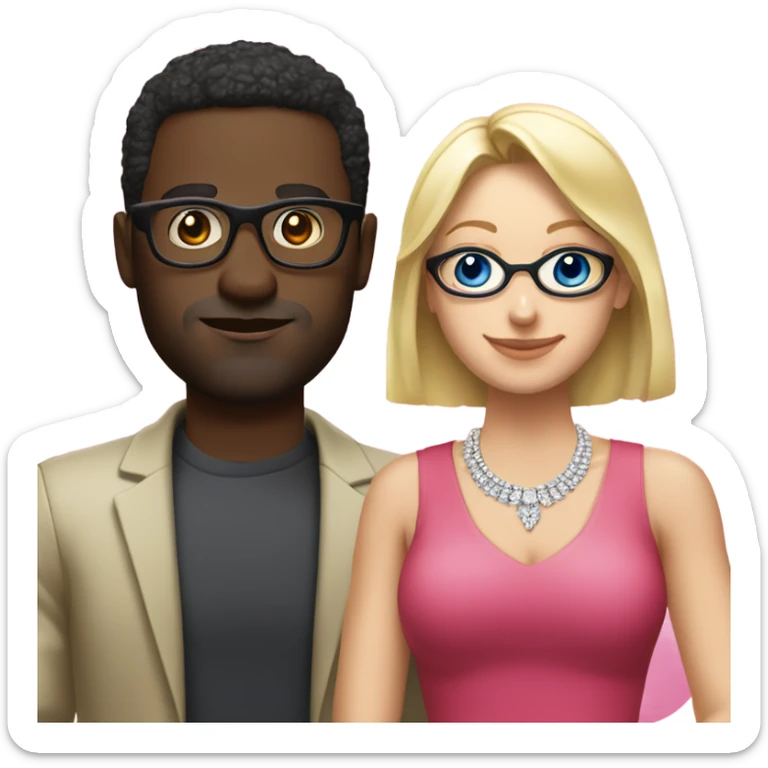 White blonde woman with no glasses in a pink dress and diamond necklace standing next to emoji black man with glasses wearing red shirt glasses standing next to white eoman sticker