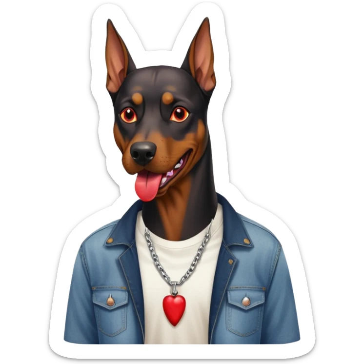 Generate a emoji of a big evil doberman dog with red eyes and a tongue sticking out, give the doberman a human body with a white shirt and baggy jeans sticker
