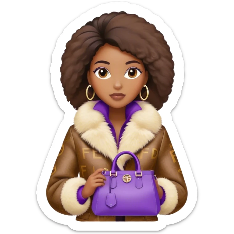 Beautiful black woman wearing a brown monogram Fendi jacket with a fur trim. She is carrying a purple Fendi peekaboo bag. I want the image to start at her head and end at the chest sticker