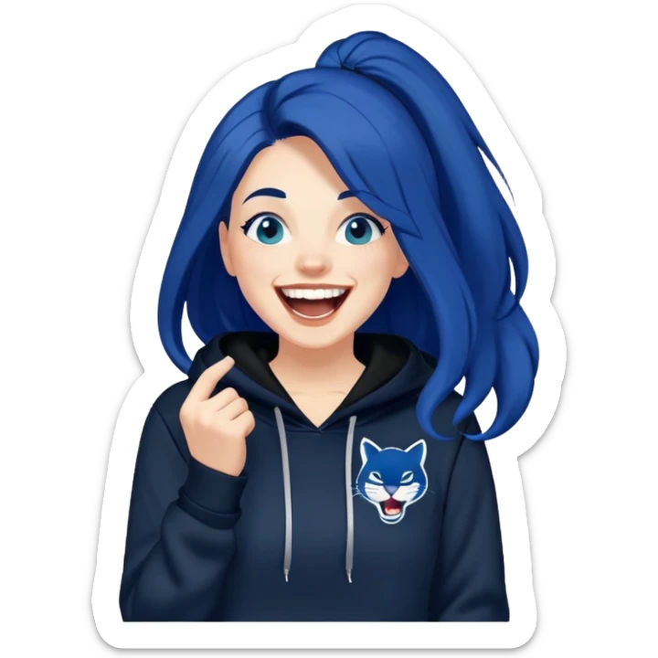 White 30 year old woman with long dark blue hair laughing hysterically wearing a black hoodie with a PUMA  sticker