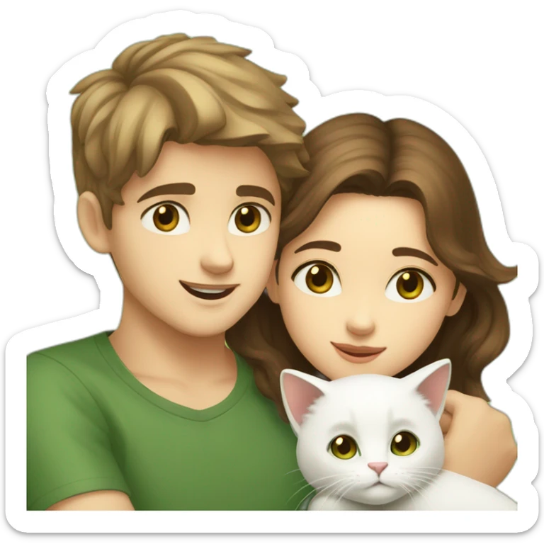 Girl with brown eyes and brown hair kisses the boy with brown hair and green eyes and hugs two white cats sticker