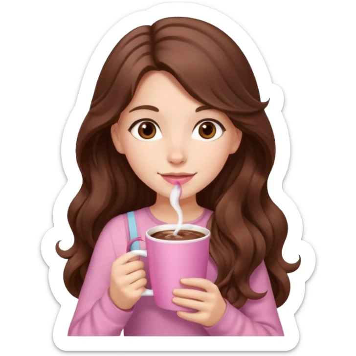 menina branca com cabelos castanhos longos ondulados com xícara rosa na frente com chocolate quente, com blusa de alça fina sticker