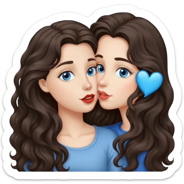 A girl with long, dark brown, wavy hair, grey-blue eyes, Sends a kiss sticker