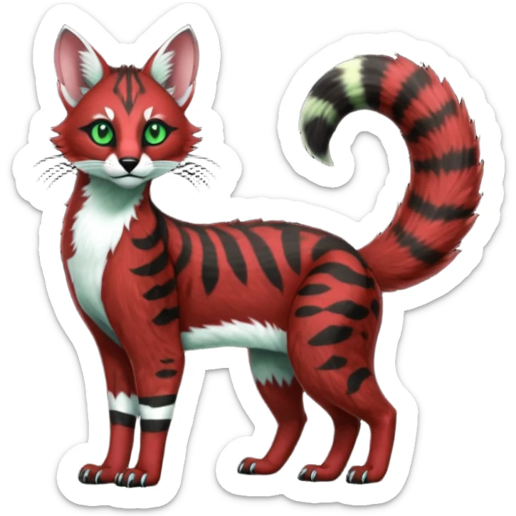 Colorful dark tropical sanguine-red, black, white fur, with green eyes, iridescent glorious divine exotic cute cool beautiful shiny beautiful fantasy-caracal-civet-genet-sergal-vernid-Cacomistle-oncilla-animal-Fakémon-hybrid-fursona with pattern markings (full body) sticker