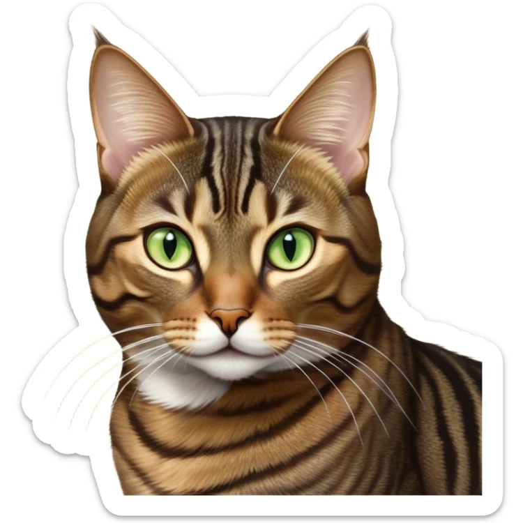 Cinematic Noble Brown Tabby Cat Portrait Emoji, Poised and regal, with sleek, well-groomed fur in warm brown tones accented by bold dark tabby stripes, striking almond-shaped golden-green eyes, Simplified yet sharp and sophisticated features, highly detailed, glowing with a soft, dignified glow, high shine, intelligent and graceful, stylized with an air of elegance, focused and attentive, soft glowing outline, capturing the essence of a watchful and refined feline, so majestic it feels as though it could glide across the screen with effortless confidence! sticker