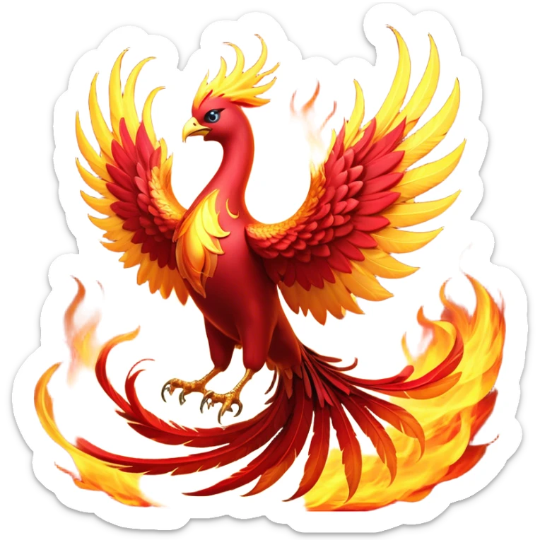 Cinematic Noble fierce & powerful Fire Phoenix Portrait Emoji, Poised and resplendent, with a radiant, fiery plumage in brilliant hues of scarlet, gold, and ember, featuring elongated, elegant tail feathers that flow like molten lava, and piercing, wise eyes reflecting the eternal cycle of rebirth; rendered with lifelike texture and luminous natural highlights, high shine, majestic and awe-inspiring, styled with an aura of mythic resurgence, focused and regal, soft glowing outline, capturing the essence of a legendary phoenix rising from the flames with timeless grace! sticker