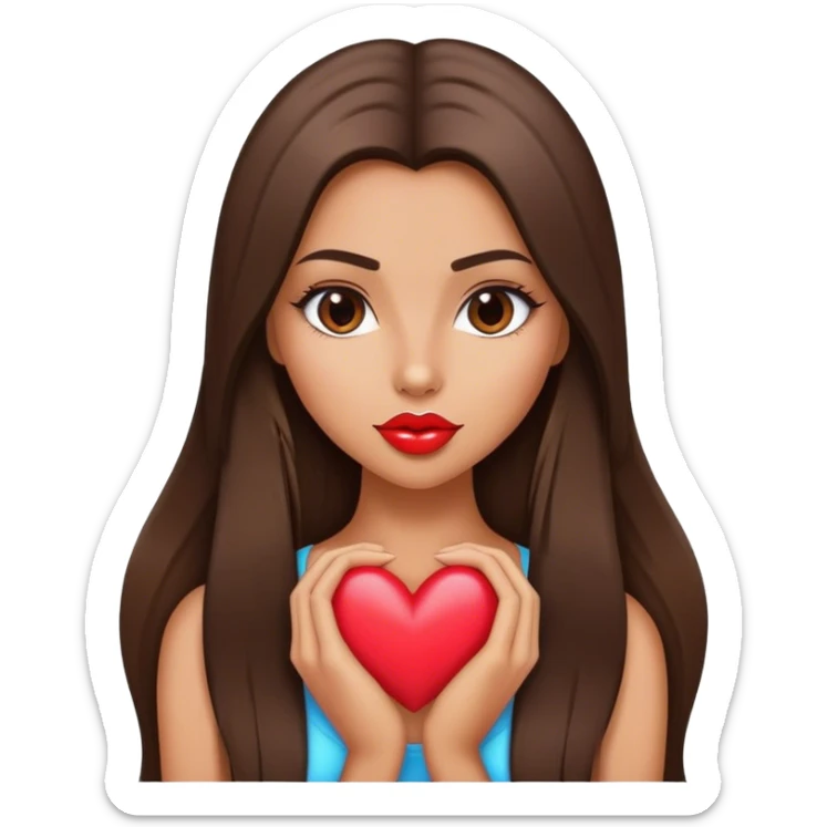 Model tanned beautiful girl with pump lips and brunette straight long hair showing heart sticker