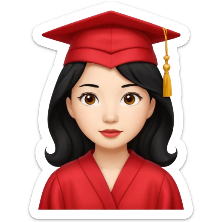 Graduate asian black hair with wavy hair long  with red sticker