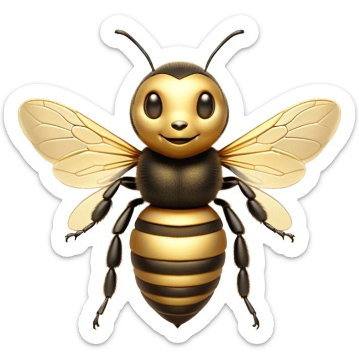 Beautiful and Majestic Bee Portrait Emoji, Head and body rendered in serene repose with a gentle, content smile, showcasing a tiny, fuzzy form with softly closed delicate wings and eyes in tranquil slumber, Simplified yet exquisitely endearing features, highly detailed, glowing with a soft, drowsy golden light, high shine, relaxed and utterly noble, stylized with an air of regal natural beauty, soft glowing outline, capturing the essence of a majestic bee that embodies the timeless charm of nature! sticker
