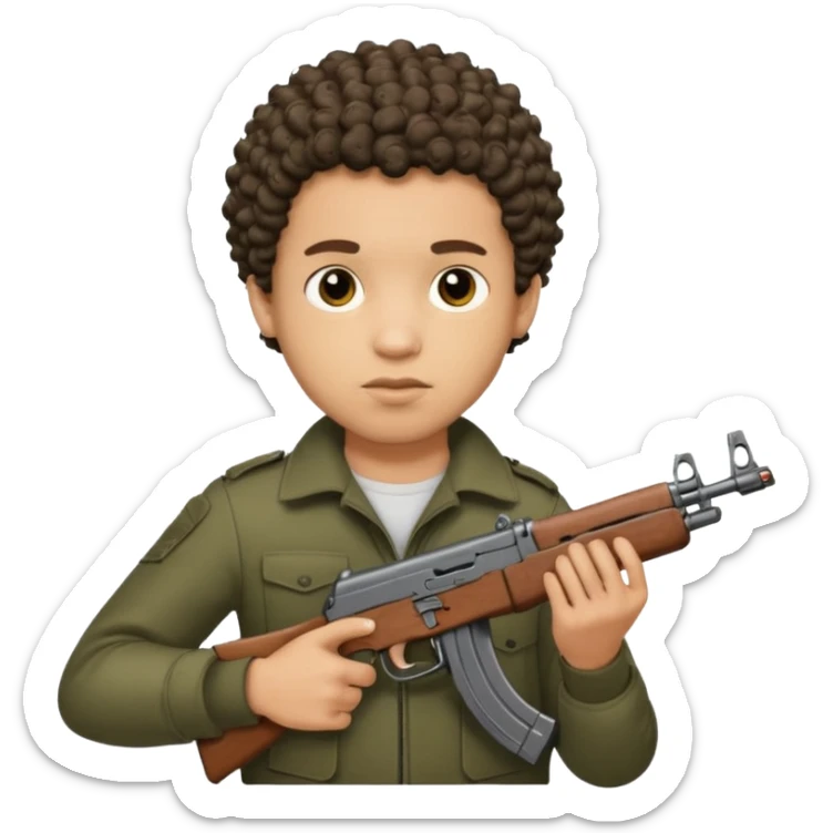 AK47 in hand, light skin male with shortest curly hair  and some cuts on the face  sticker