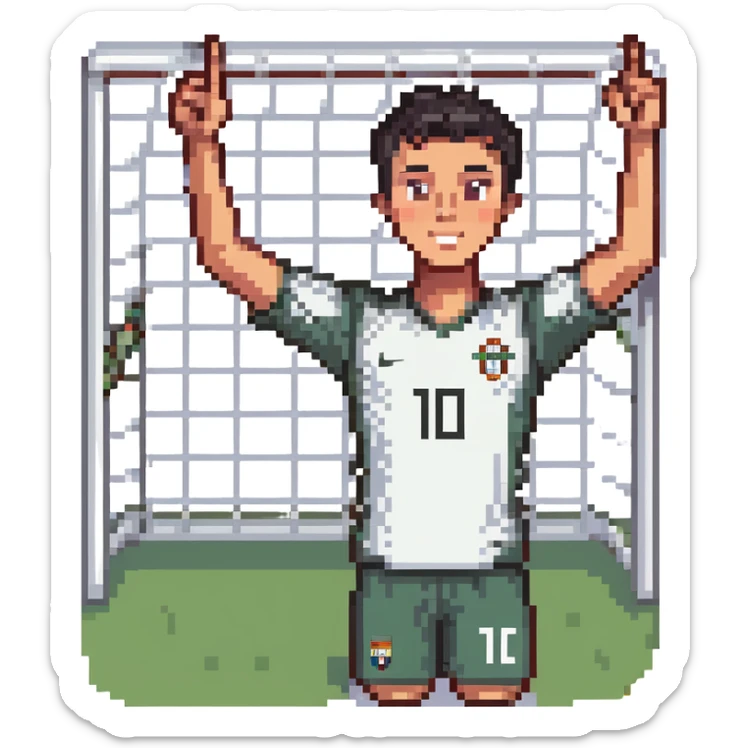 soccer player with signature goal celebration, short dark hair, inspired by Cristiano Ronaldo sticker