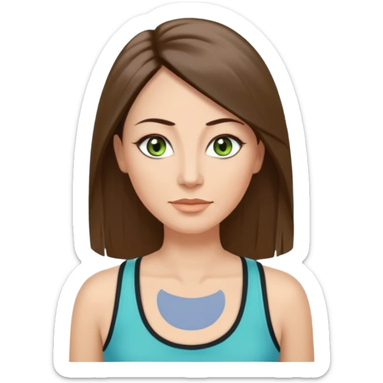 43 year old Adult woman avatar, light skin tone, long, oval face, long straight ashy brown hair, green almond-shaped eyes with dramatic eyelashes and minimal eyeliner, neutral mouth, medium straight eyebrows, small nose, smooth skin, sky blue tank top sticker