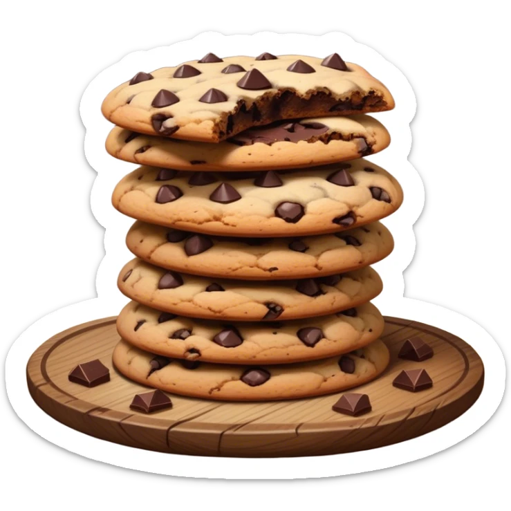 Cinematic crunchy chocolate chip cookies, freshly baked, golden-brown with gooey melted chocolate chunks, stacked on a rustic wooden plate, soft warm lighting, cozy and delicious. sticker