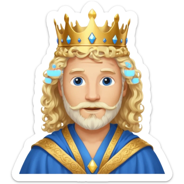 1 Middle-aged white king, 40 years old, blond hair, blond beard, long curly hair, blue eyes, kind and benevolent vibe, gentle smile, wearing a crown and blue robe emoj sticker
