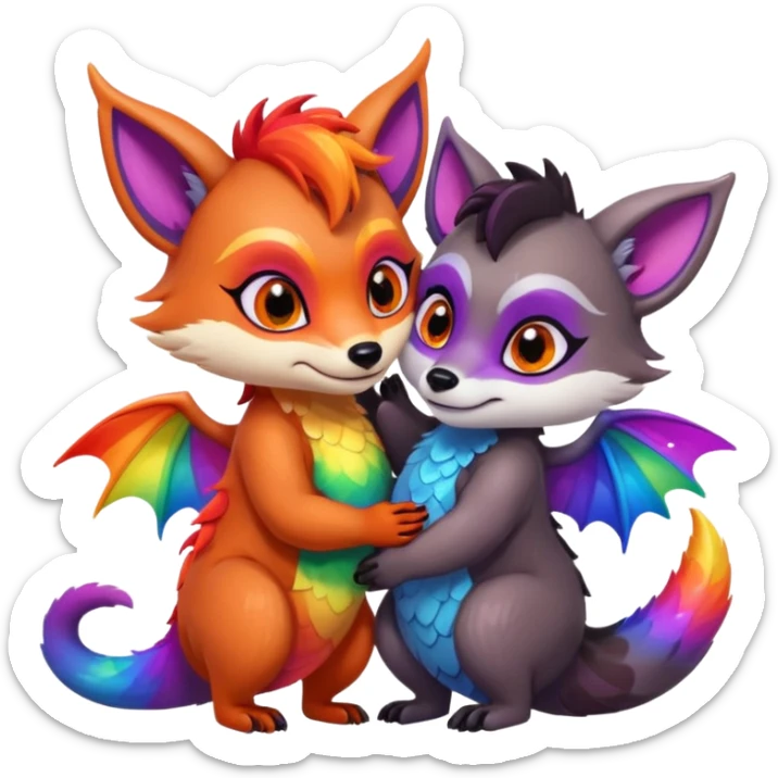 black female raccoon dragon hybrid with rainbow colored wings and purple eyes giving a big hug to a red female fox dragon hybrid with rainbow colored wings and orange eyes sticker