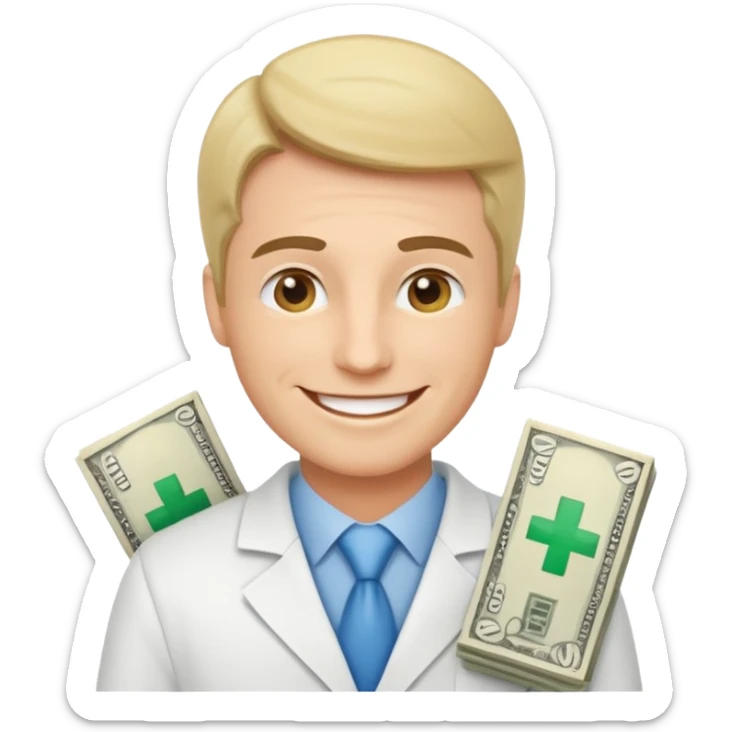 Happy CEO investing money to a hospital sticker