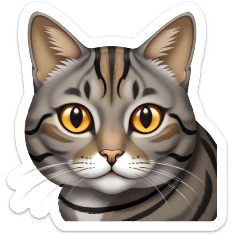 Cinematic Noble Grey and Black Brown Tabby Cat Portrait Emoji, Poised and regal, with sleek grey-brown fur featuring bold black tabby stripes and a distinct M-shaped marking on the forehead, bright amber eyes, Simplified yet sharp and sophisticated features, highly detailed, glowing with a soft, dignified glow, high shine, intelligent and graceful, stylized with an air of elegance, focused and attentive, soft glowing outline, capturing the essence of a watchful and refined feline, so majestic it feels as though it could glide across the screen with effortless confidence! sticker