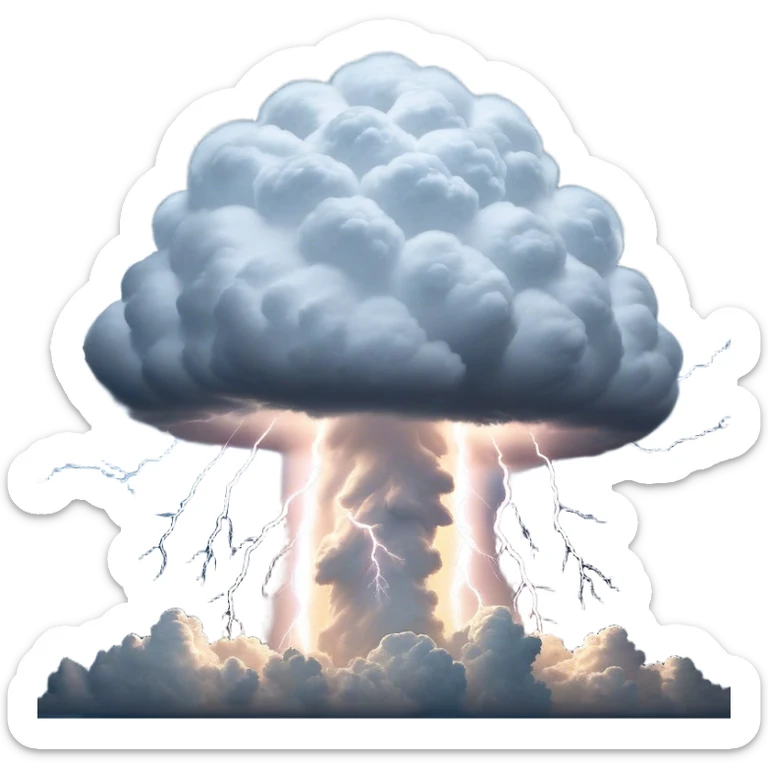 Cinematic Realistic Cumulonimbus Emoji, Towering and imposing, with dark, dramatic clouds reaching up into the sky in a billowing formation. Lightning flickers within, and the atmosphere is charged with energy, signaling a powerful storm ahead. Soft glowing outline, capturing the essence of raw power, intensity, and nature’s fury in a mighty cumulonimbus cloud! sticker