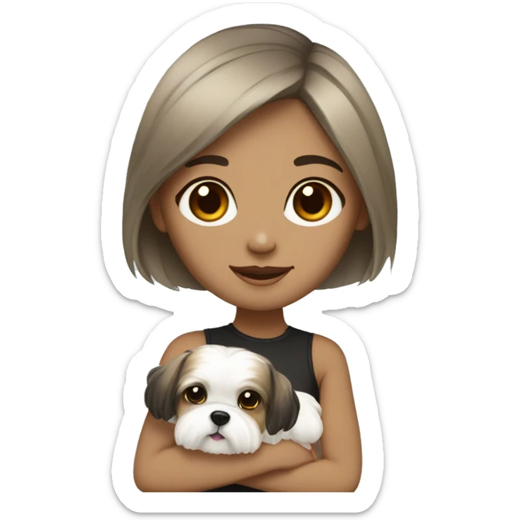 Tan girl with black hair holding white shih tzu with light brown spots sticker
